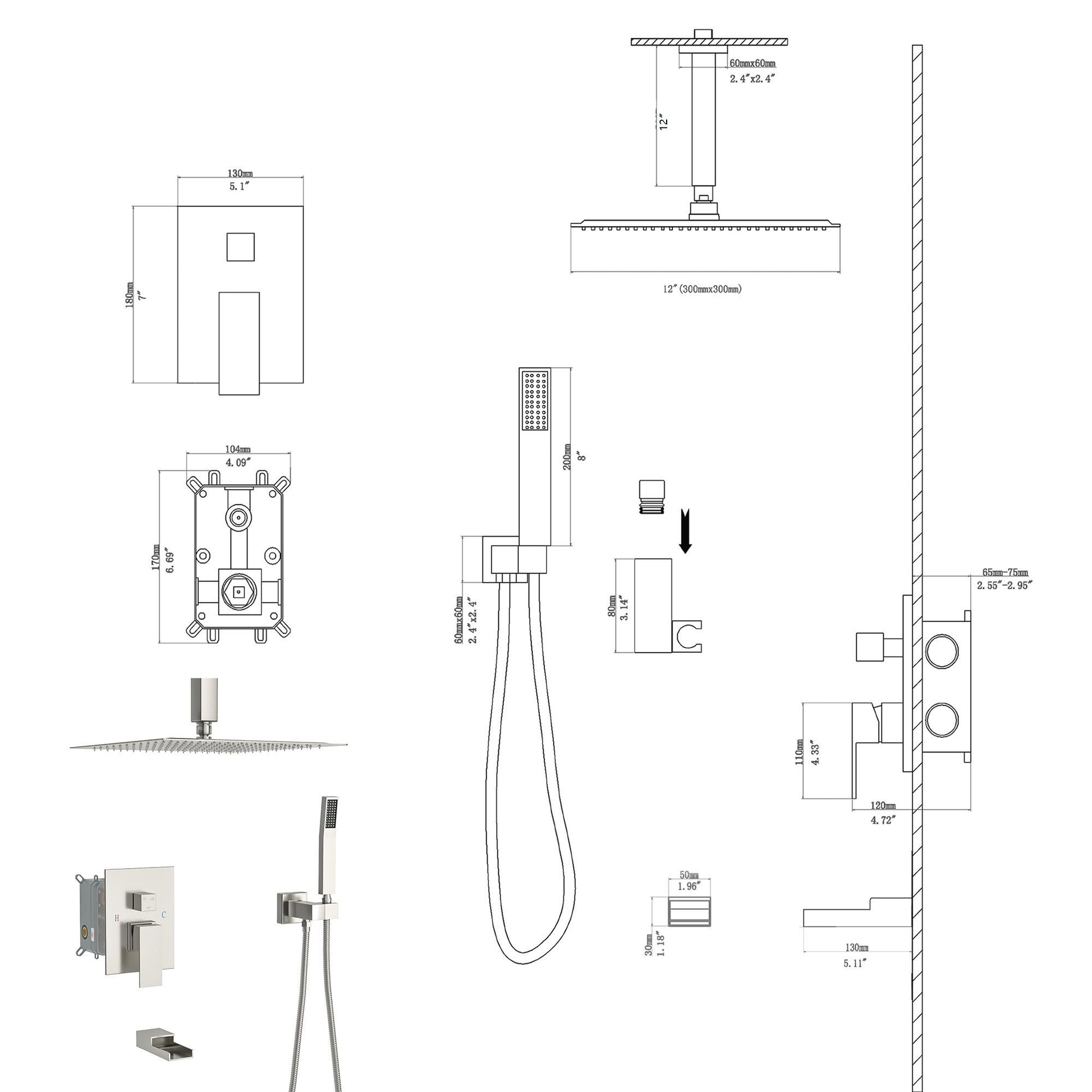 Modern Shower System With Waterfall Tub Spout, 12" Ceiling Mount Square Shower Daily Nest