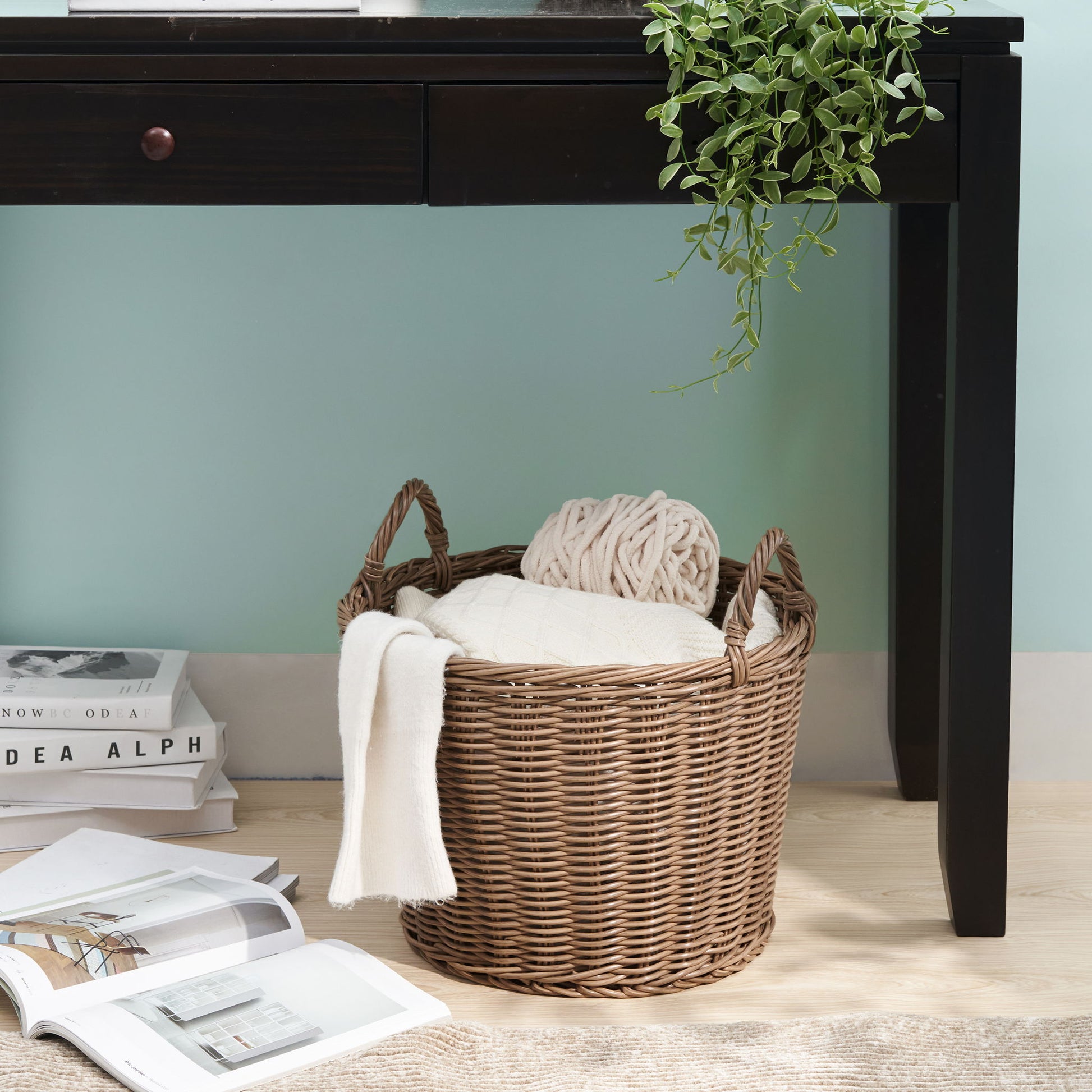 Round Cone Woven Resin Wicker Basket With Handles For Versatile Storage - Walnut Brown Daily Nest