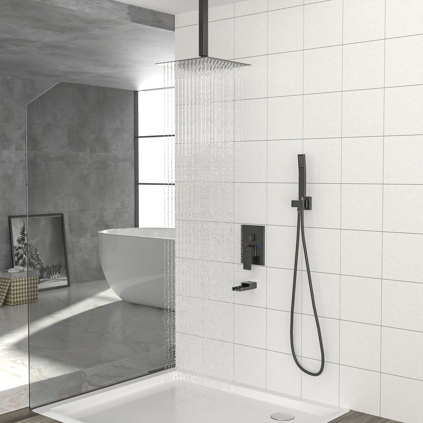 16" Ceiling Mount Square Shower System With Waterfall Tub Spout And Rough In Valve Daily Nest