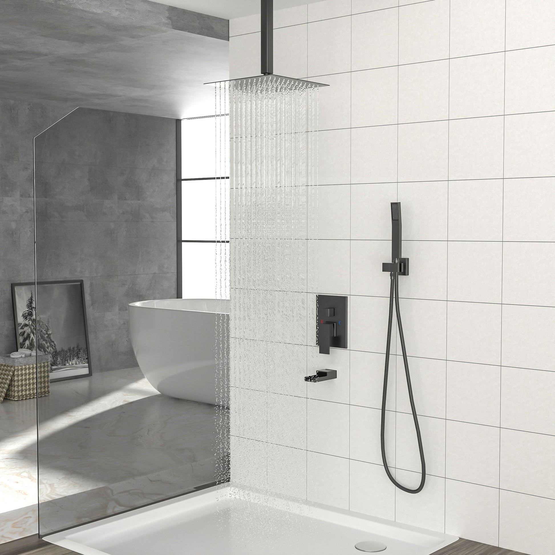 16" Ceiling Mount Square Shower System With Waterfall Tub Spout And Rough In Valve Daily Nest