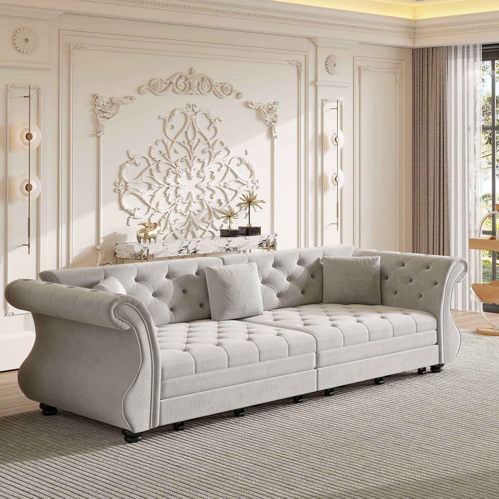 Oversized Chesterfield Pull Out Sofa Bed, Roll Arm Couch With Flower Tufting For Living Room Home Essentials