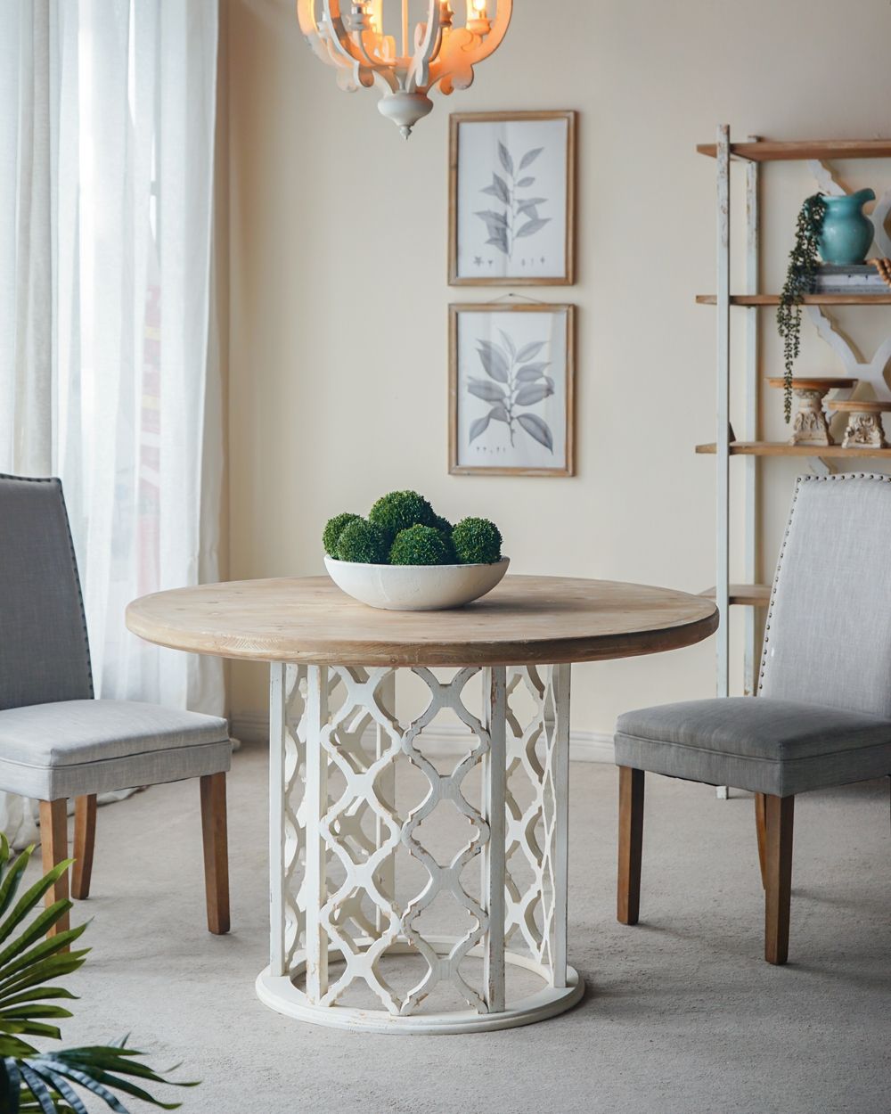 Round Wooden Dining Table With Ornate Cut Out Base - Brown / Antique White Home Essentials