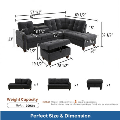 L - Shaped 3 Piece Sectional Sofa With Chaise, Storage Ottoman & Cup Holders Home Essentials