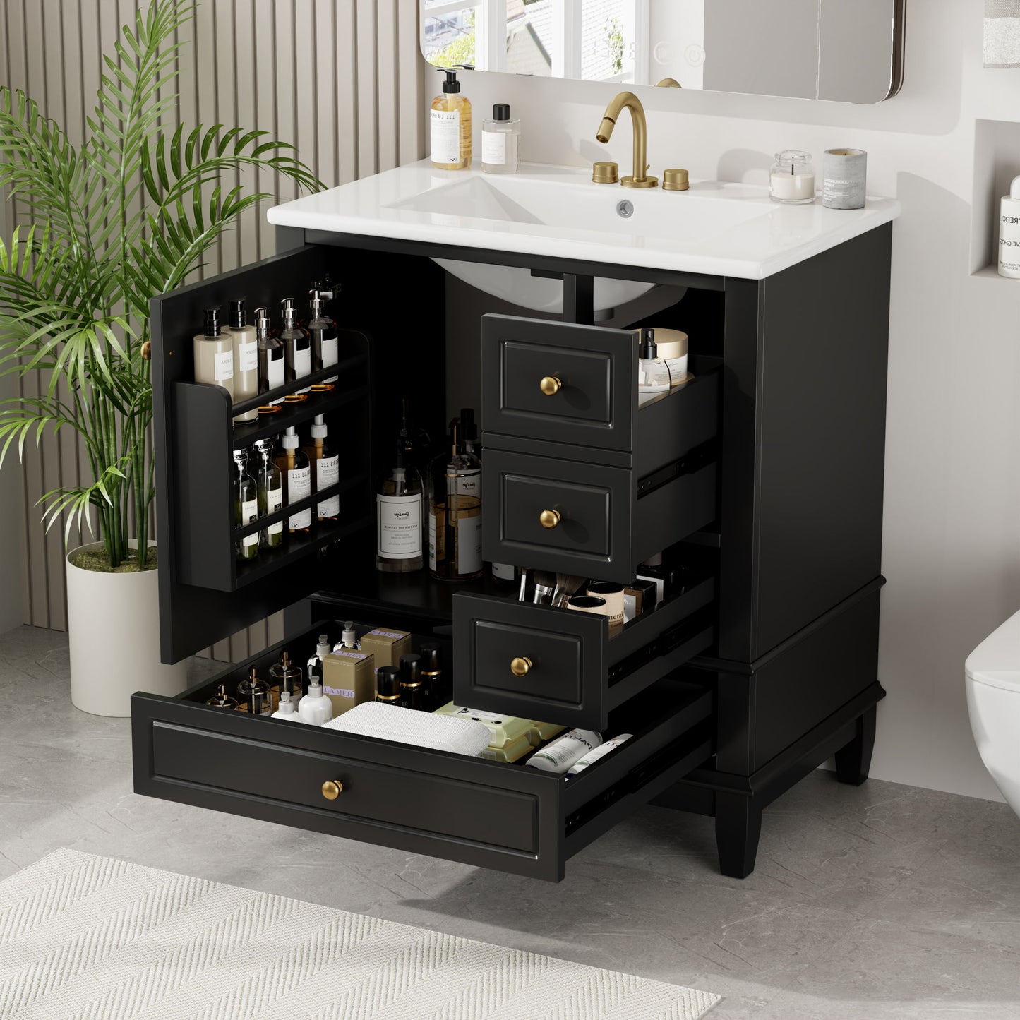 30" Bathroom Vanity With Sink, 1 Door With Shelf And 3 Drawers, Soft Close Door - Black Noble House
