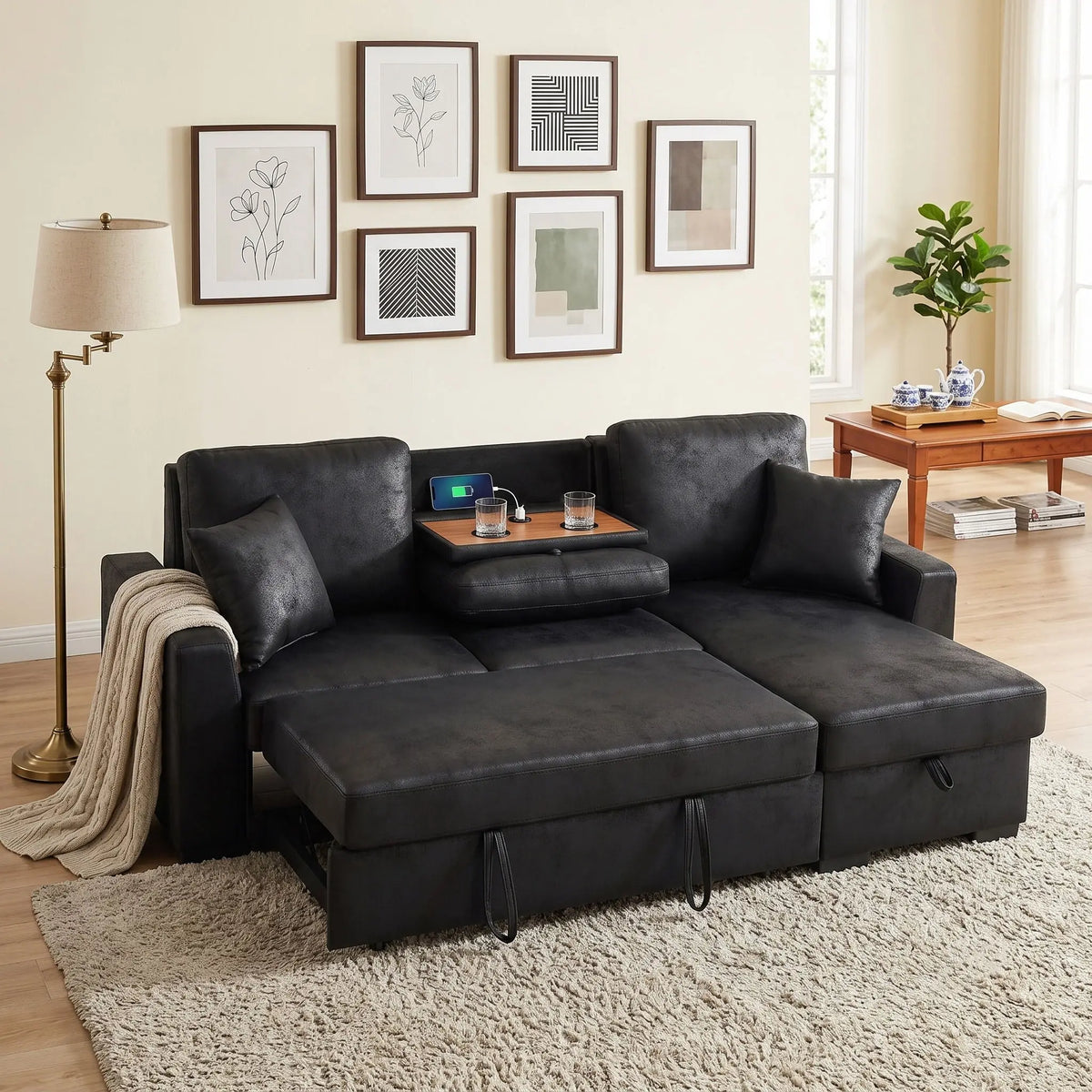 Upholstered Sectional With Pull-Out Bed And Chaise Storage Home Essentials