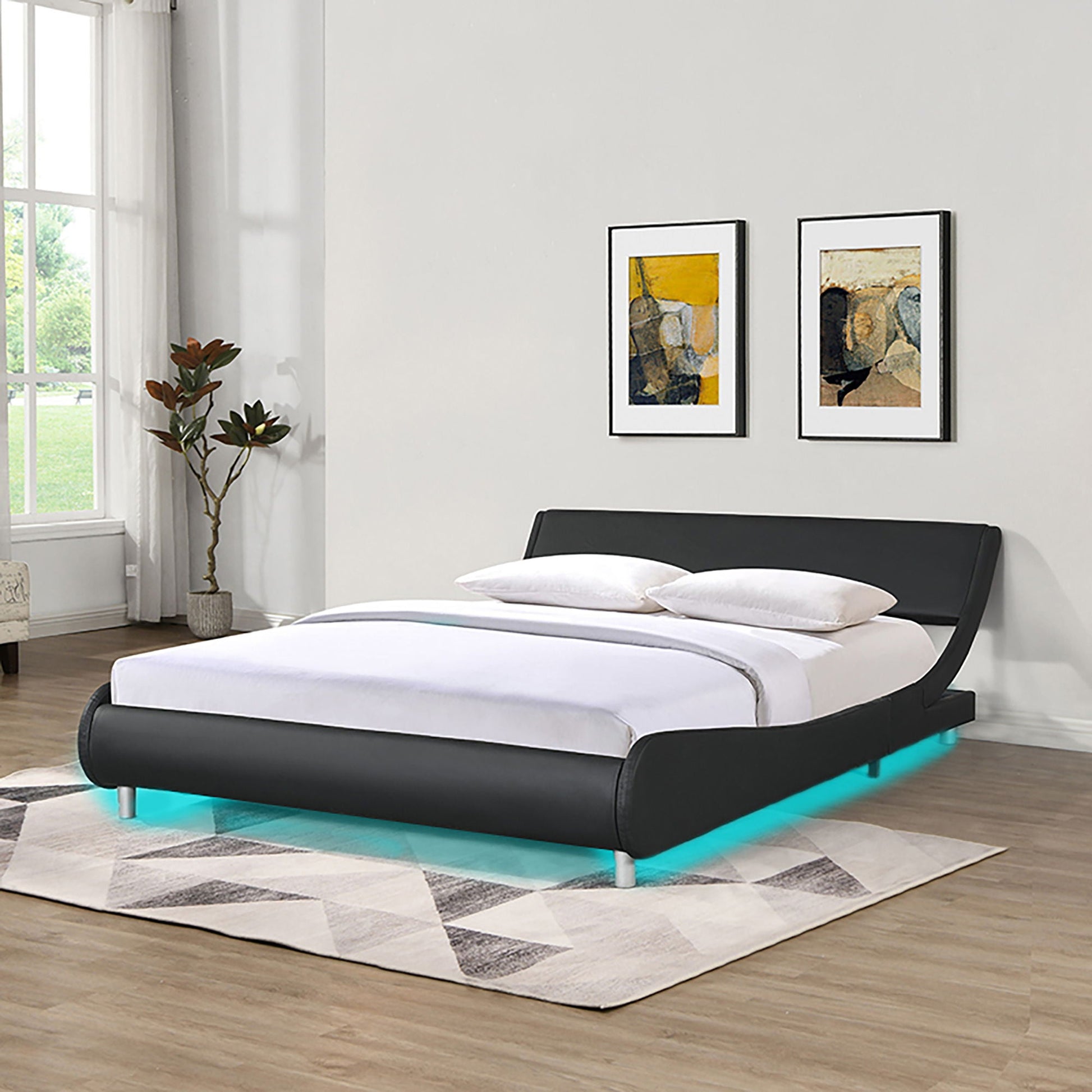 Queen Size Upholstered Platform Bed Frame, LED Lighting With Remote Controller And App, Curve Design, Wood Slat Support, No Box Spring Needed - Black Home Essentials