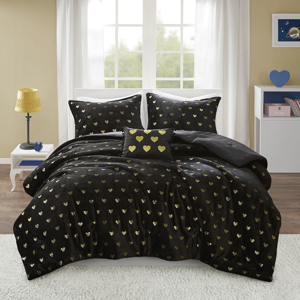 Rosalie - 3 Piece Twin/Twin Long Metallic Printed Plush Comforter Set With Throw Pillow - Black/Gold Mi Zone