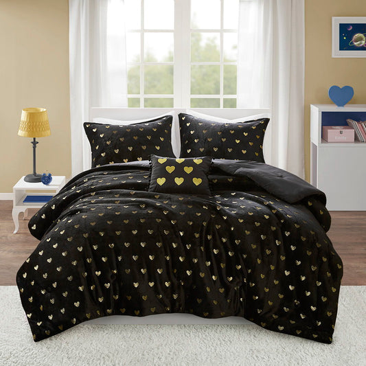 Rosalie - 4 Piece Full/Queen Metallic Printed Plush Comforter Set With Throw Pillow - Black/Gold Mi Zone