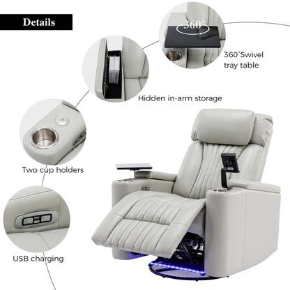 270° Power Swivel Recliner Home Theater Chair With Hidden Arm Storage, LED Light, Cup Holder, And Tray Table Hearth and Haven