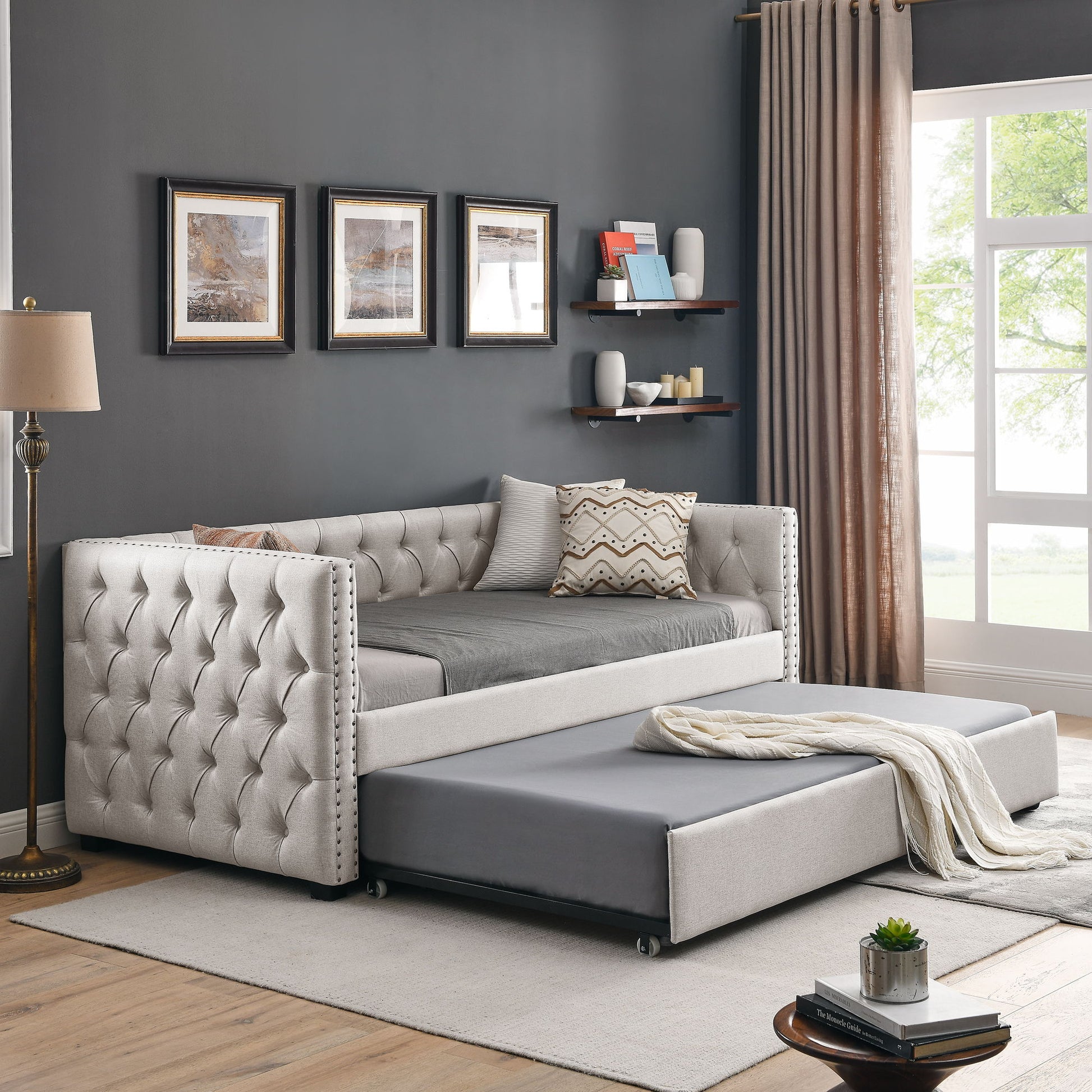 Inspired Upholstered Daybed With Trundle, Button Tufted Home Essentials