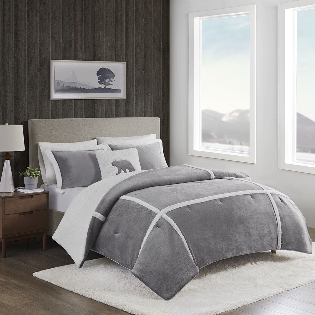 Orlen - Twin Plush To Sherpa Comforter Set - Grey