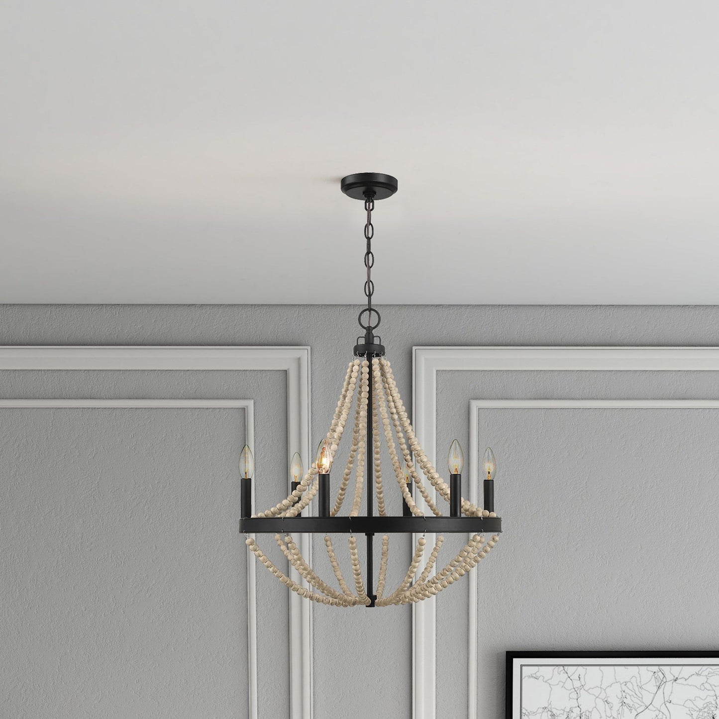 Starry - Chandelier Farmhouse Six Candle Light Wood Beaded Pendant Light For Dining Room - Black / Clear Ashcroft Furniture