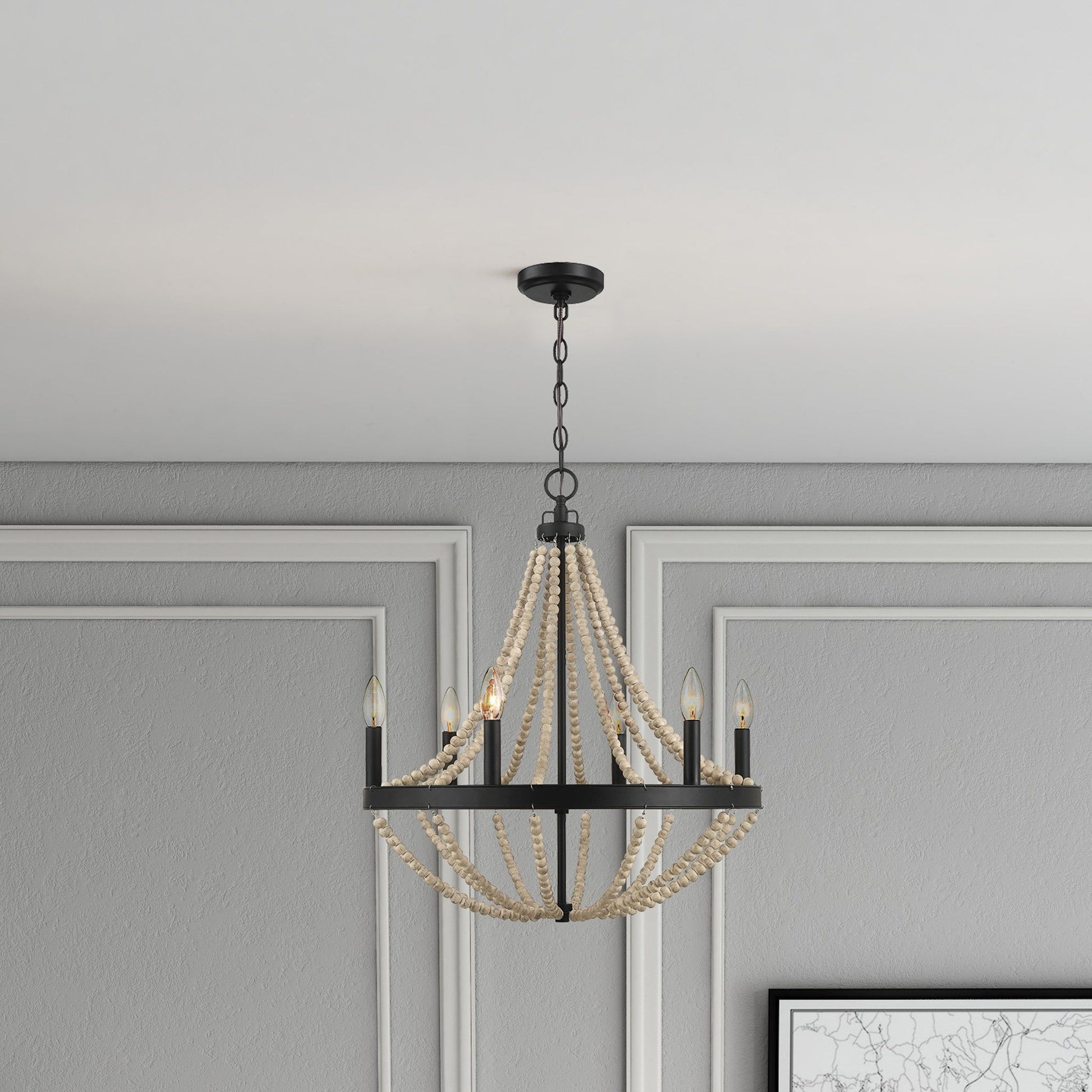 Starry - Chandelier Farmhouse Six Candle Light Wood Beaded Pendant Light For Dining Room - Black / Clear Ashcroft Furniture