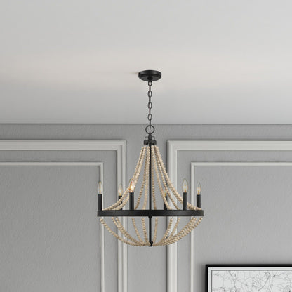 Starry - Chandelier Farmhouse Six Candle Light Wood Beaded Pendant Light For Dining Room - Black / Clear Ashcroft Furniture