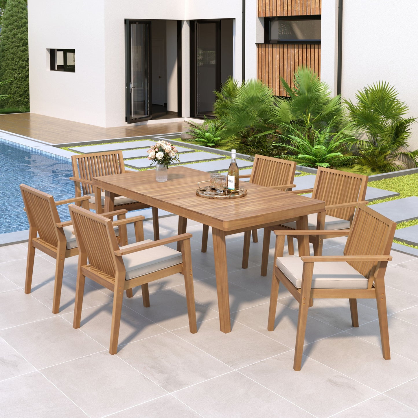 7 Piece Patio Furniture Set Acacia Wood Table And 6 Heavy Duty Cushioned Chairs Noble House