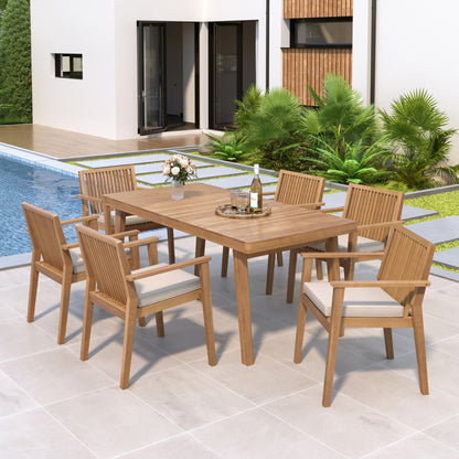 7 Piece Patio Furniture Set Acacia Wood Table And 6 Heavy Duty Cushioned Chairs Noble House