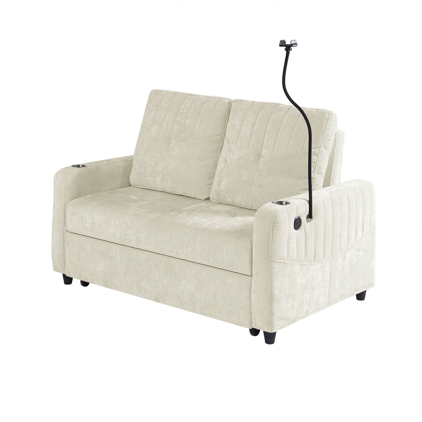 Modern Loveseat Pull Out Sofa Bed With Adjustable Backrest, Two Cup Holders, A Phone Holder, Three Charging Ports And Side Storage Pockets For Living Room Hearth and Haven