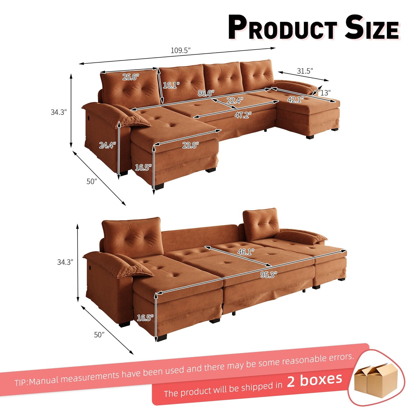 U-Shaped Sleeper Sofa With Pull Out Bed, Removable Armrests & USB Ports For Living Room Home Essentials