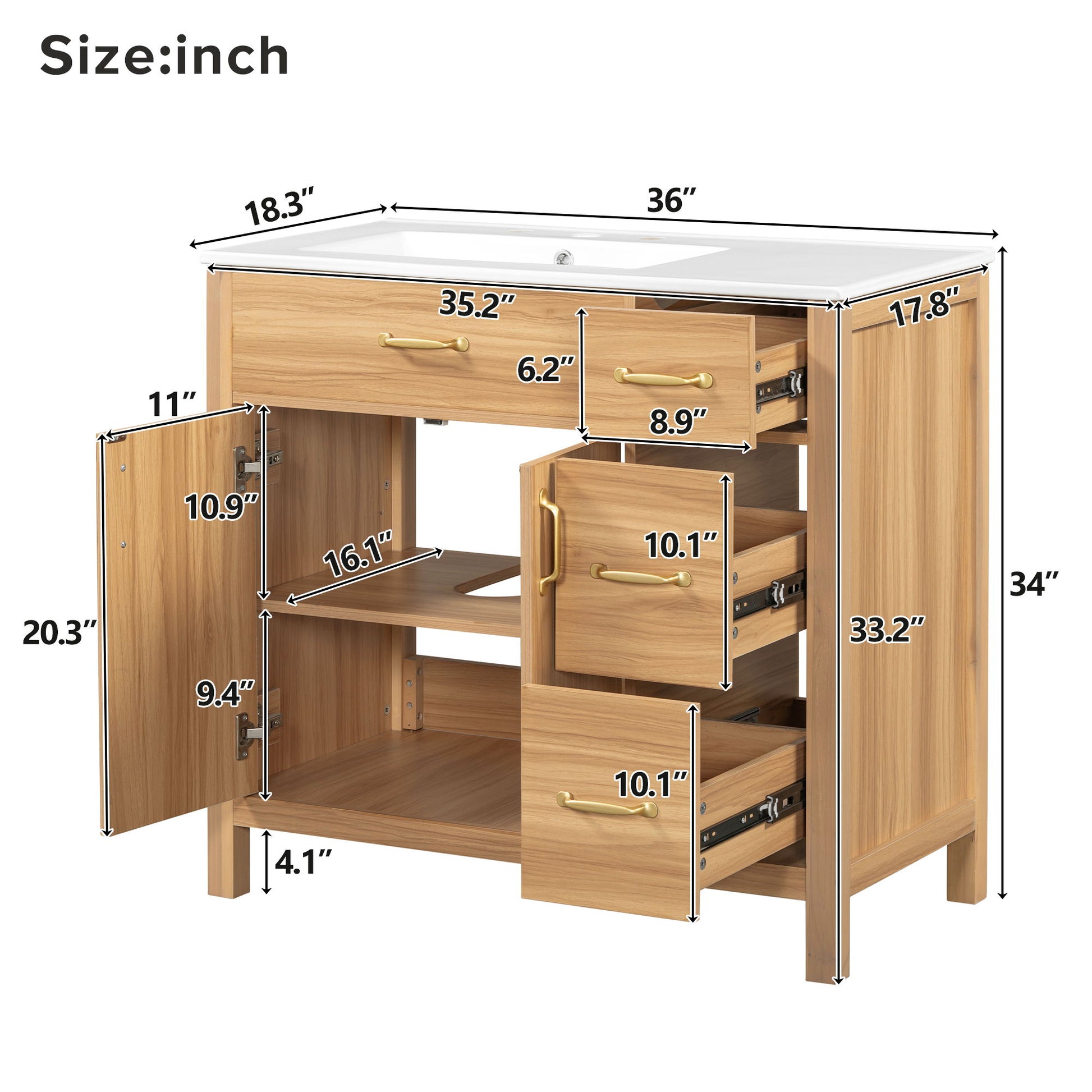 Bathroom Vanity, 2 Soft Close Doors, 3 Soft Close Drawers, Adjustable Shelf - Wood Hearth and Haven