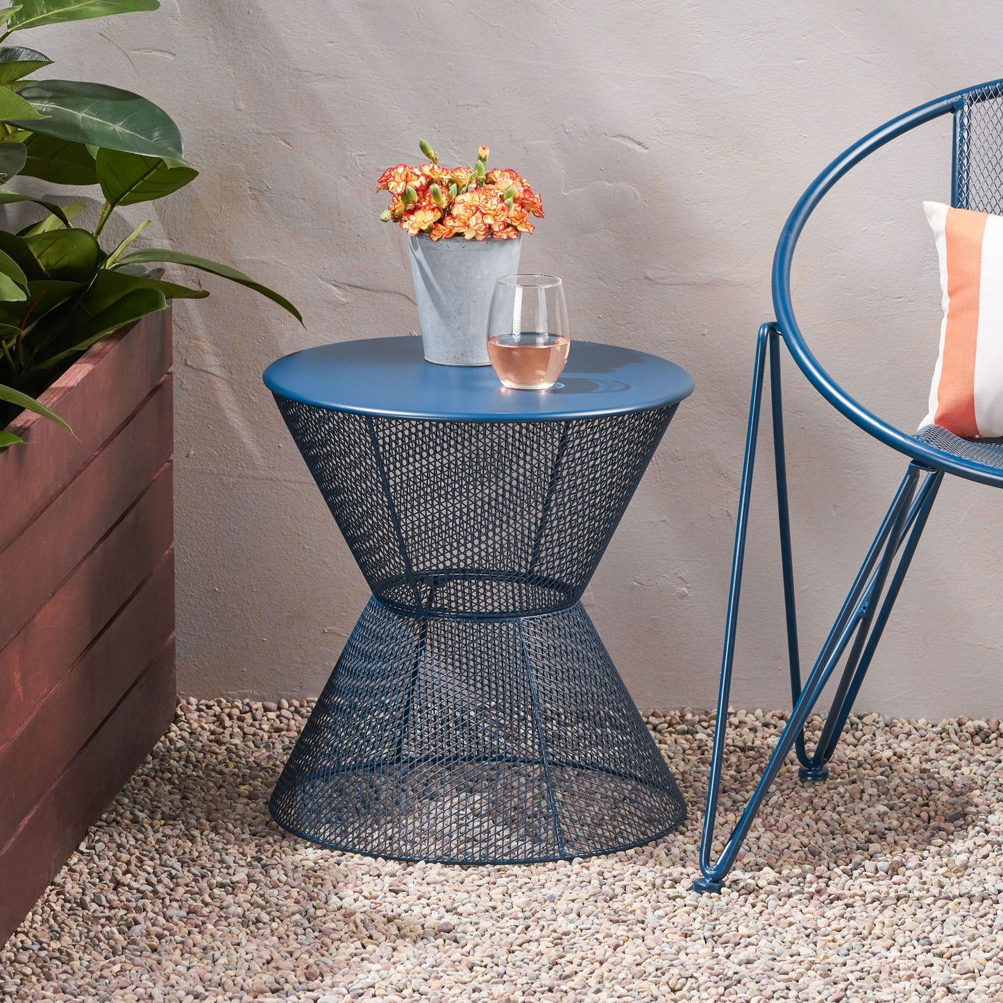 Zine - Outdoor Side Table With Hourglass Shaped And Iron Frame - Navy Noble House