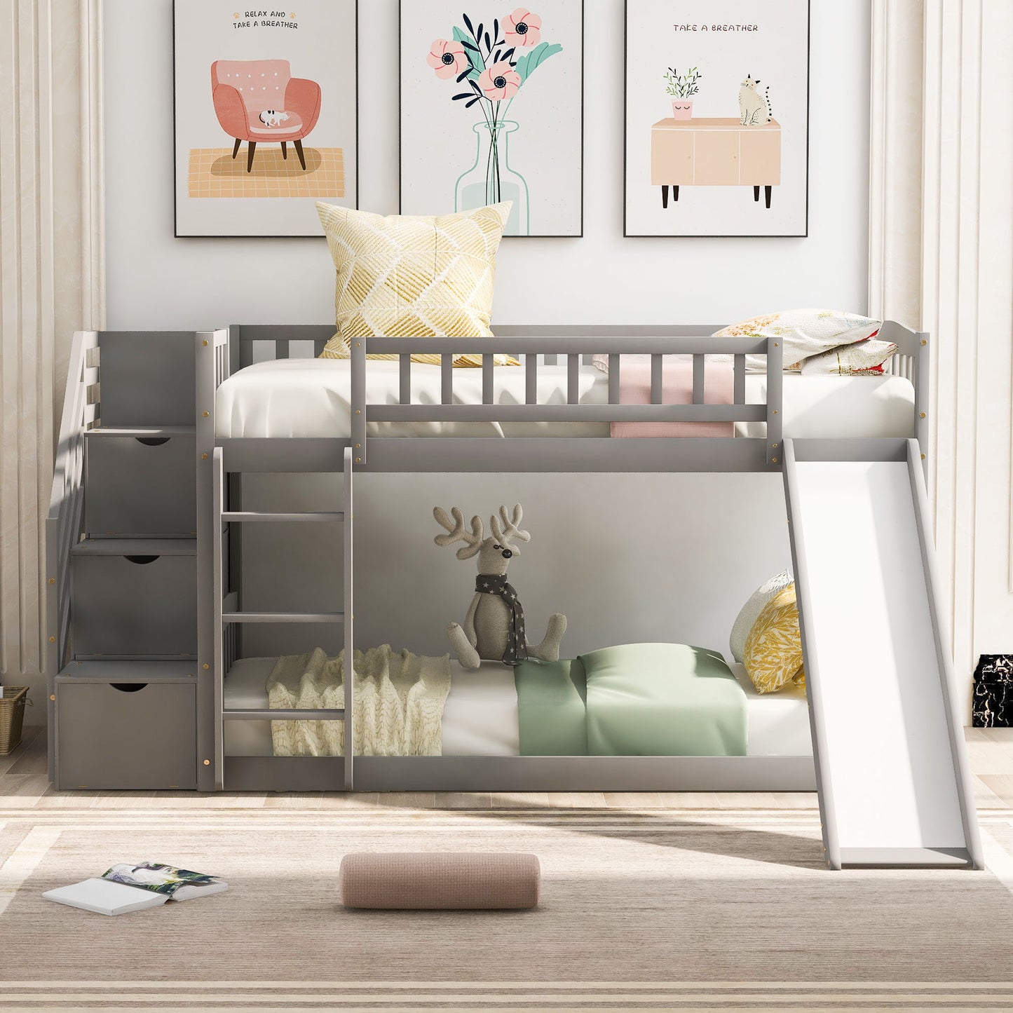 Twin Over Twin Bunk Stairway Bed With 2 Drawers And Slide - Gray DreamHaus