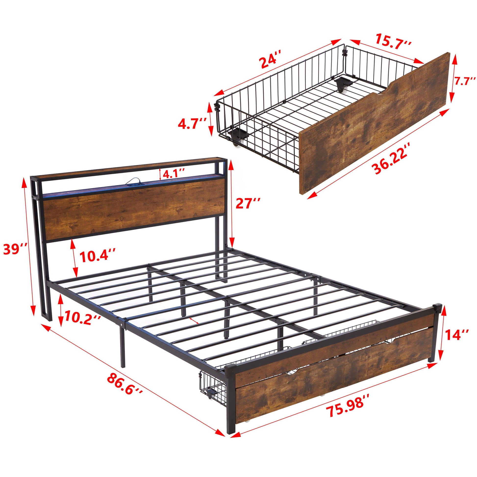 Modern Metal Platform Bed Frame With Wooden Headboard, USB Charging, LED Lights, And Storage Home Essentials