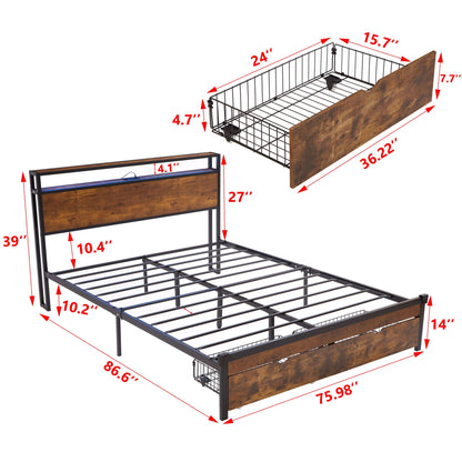 Modern Metal Platform Bed Frame With Wooden Headboard, USB Charging, LED Lights, And Storage Home Essentials
