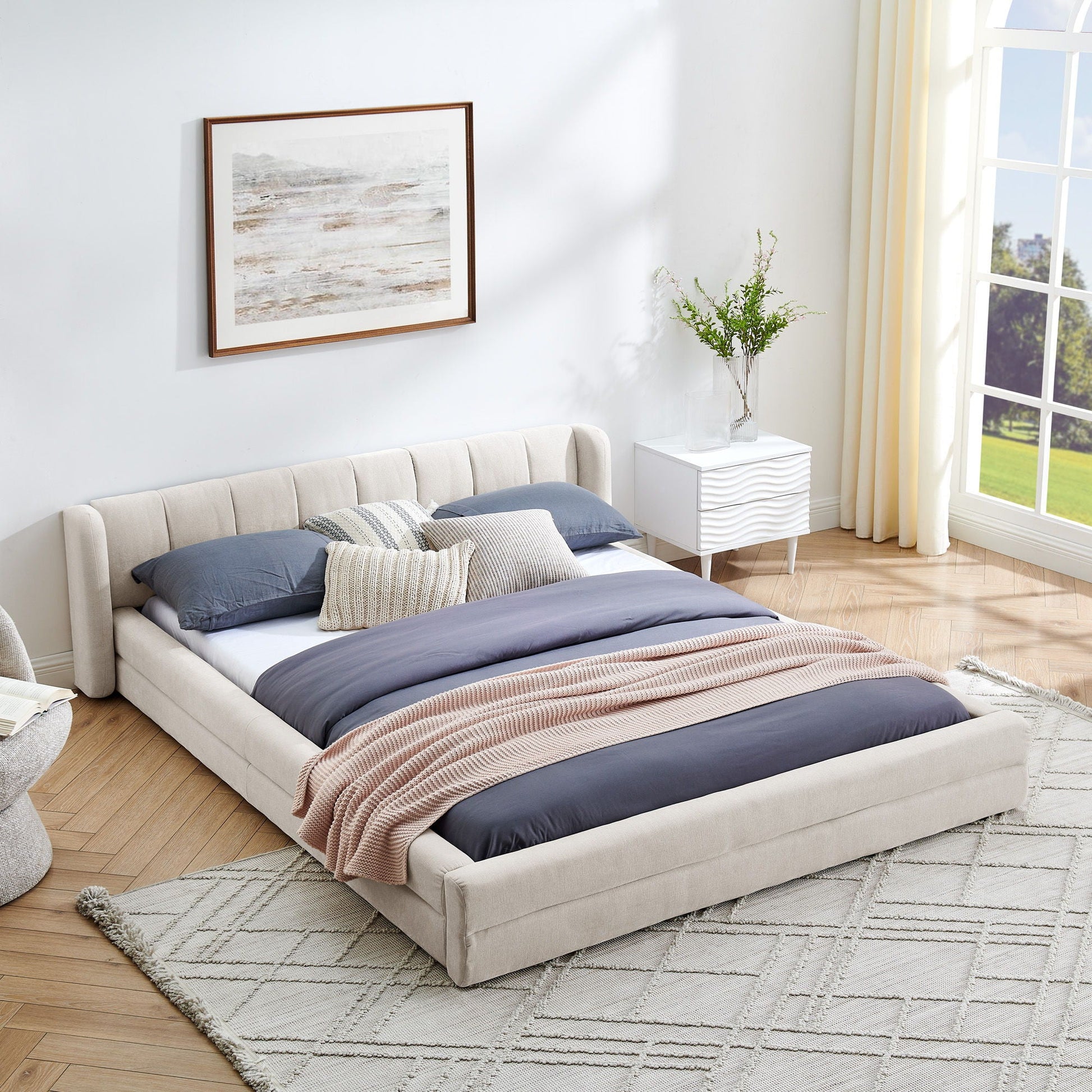 Modern Upholstered Bed Frame With Thick Chenille Fabric And Headboard Home Essentials