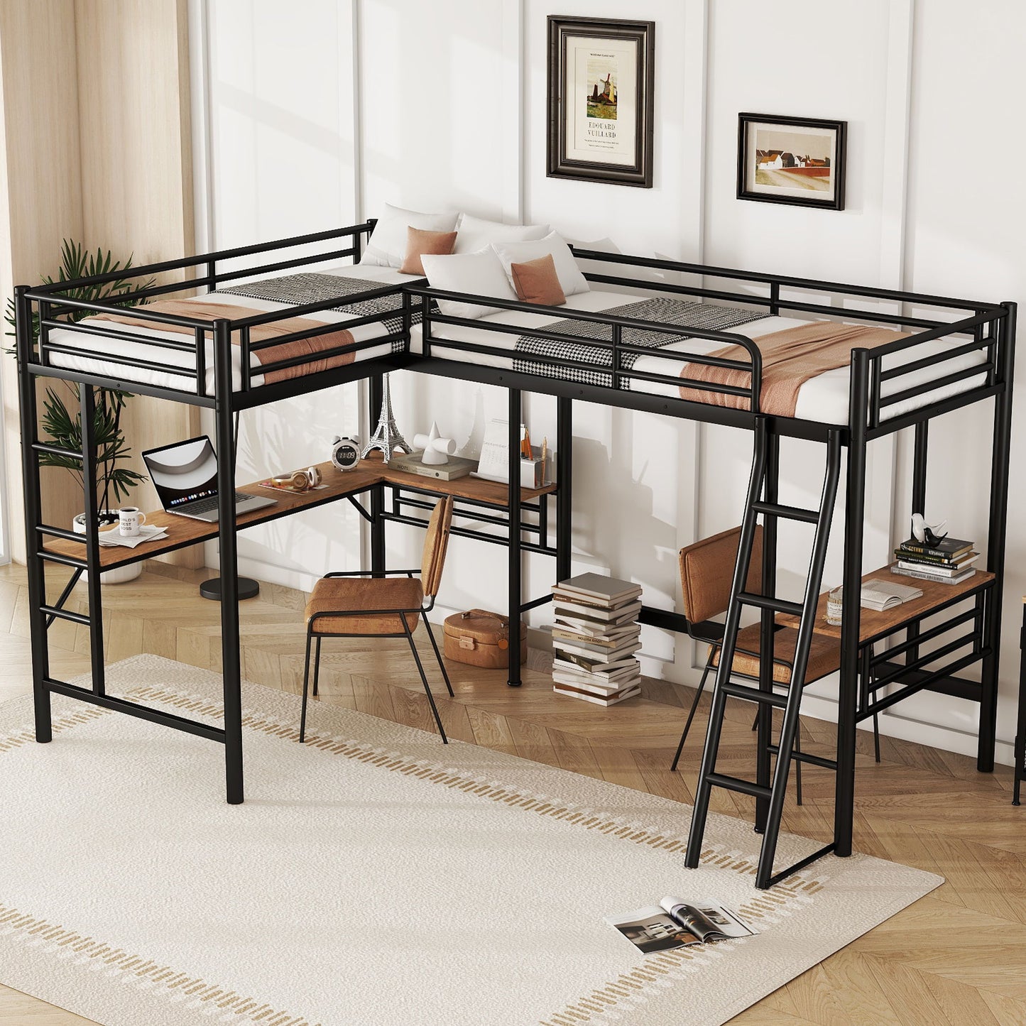 Twin Loft Bed With 2 Built In Desks, Mission Style - Black Hearth and Haven