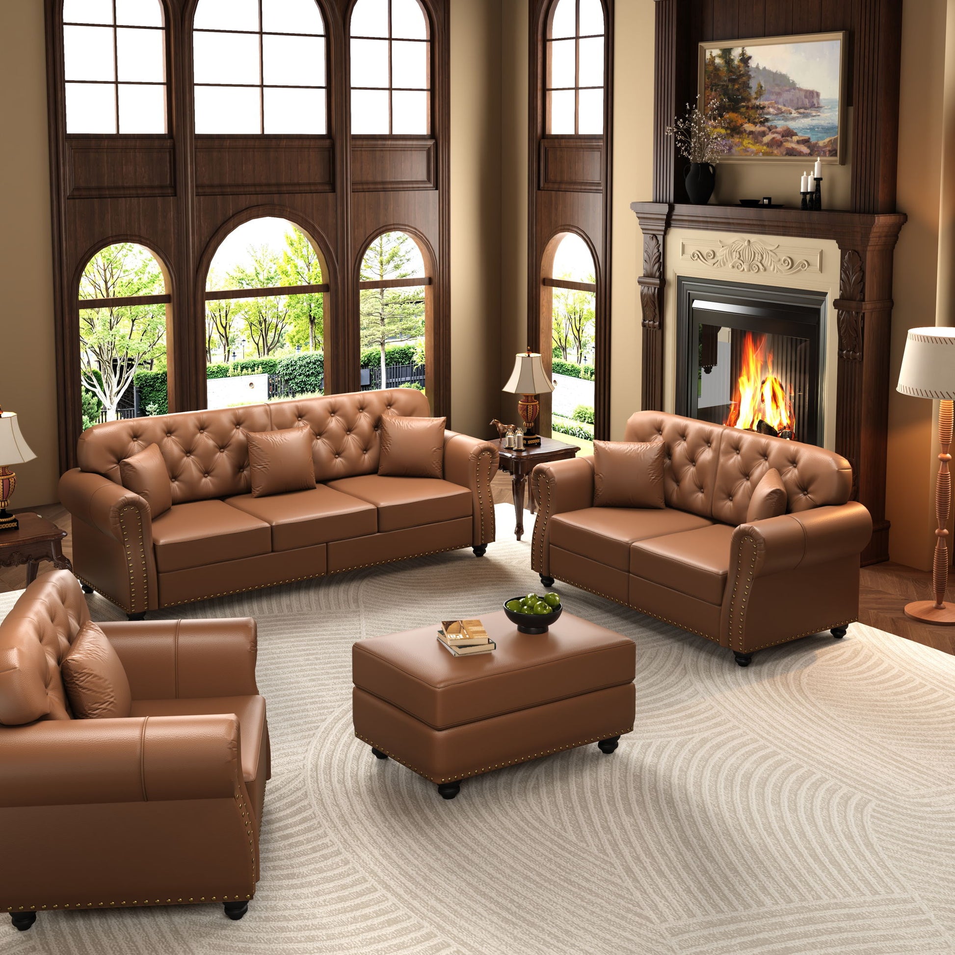 Upholstered Sofa With Nailhead Trim, Rolled Armrests With Ottoman Home Essentials