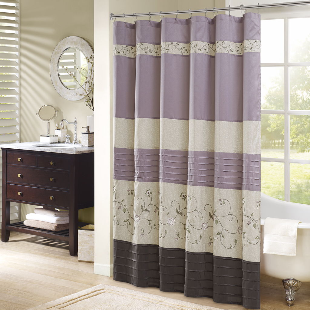 Serene - Embroidered Floral Shower Curtain - Purple