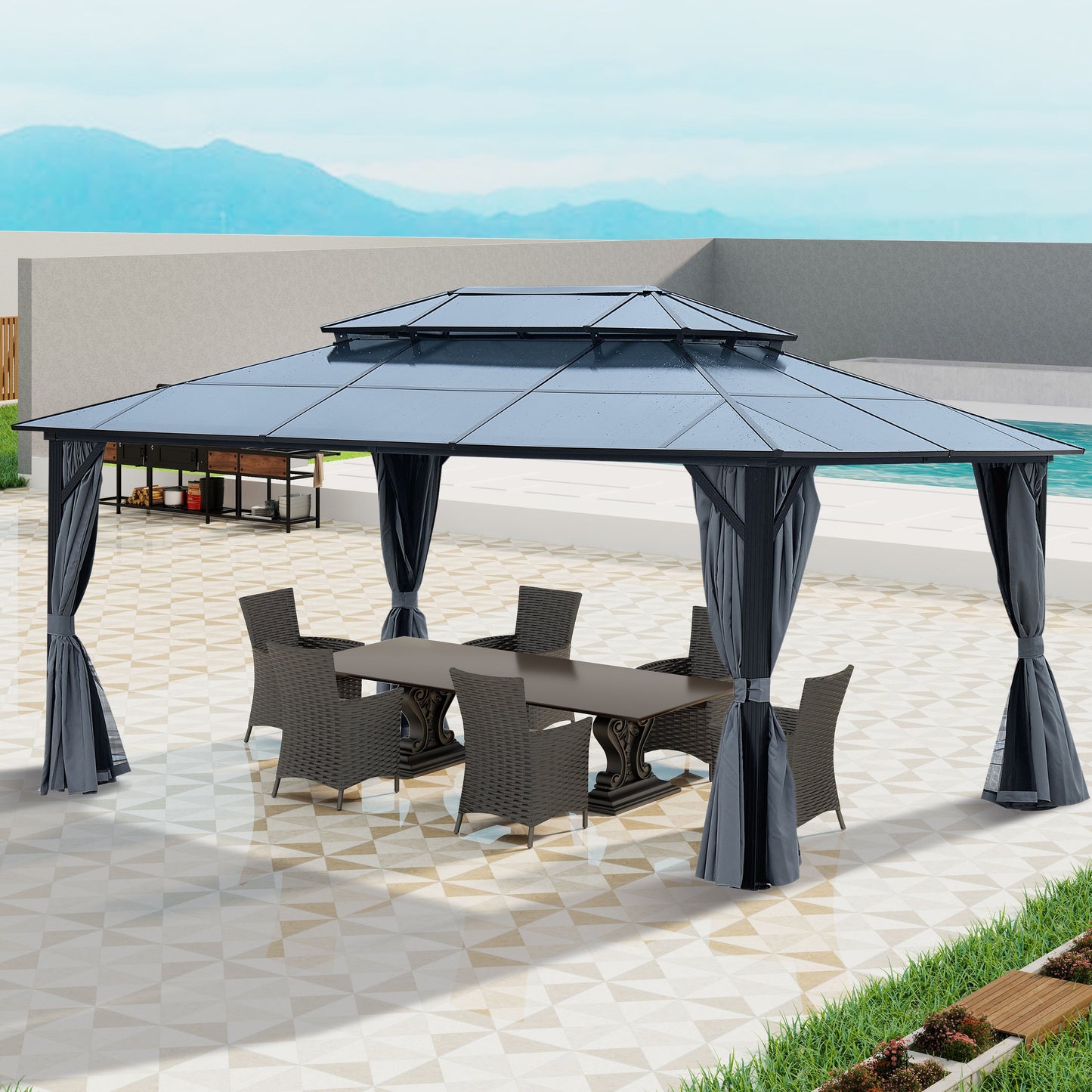 12' x 16' Gazebo Polycarbonate Double Roof Canopy Outdoor Aluminum Frame Pergola, Permanent Pavilion With Netting And Curtains For Garden Patio Lawns Parties - Gray