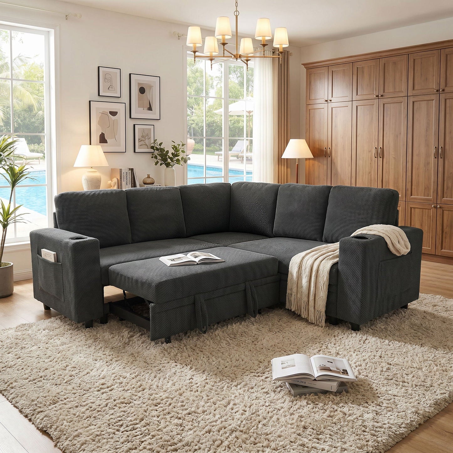 Upholstered L - Shape Sectional Sofa Bed With Pull Out Sleeper And Storage Home Essentials