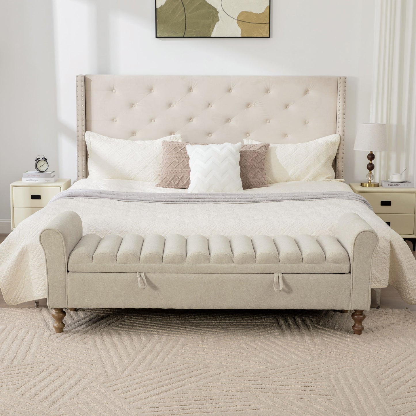 Wide Upholstered Storage Bench With Rolled Armrest For Bedroom - Griege Home Essentials