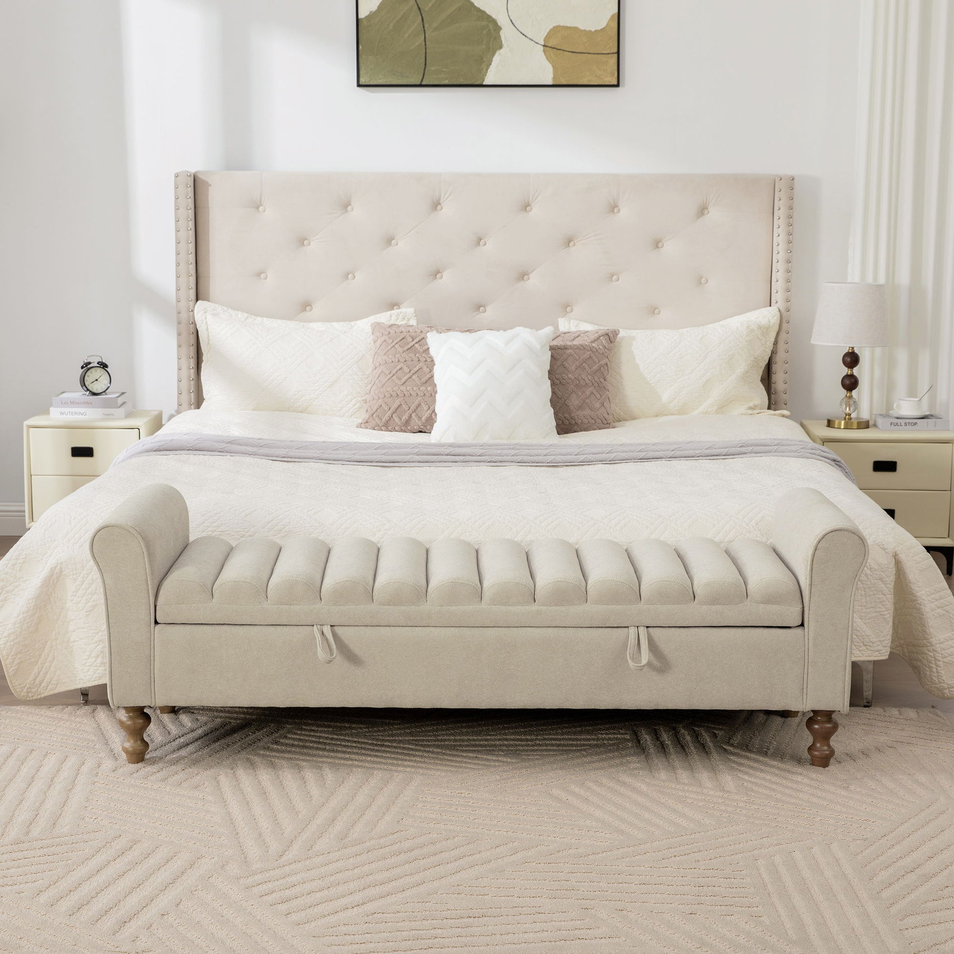 Wide Upholstered Storage Bench With Rolled Armrest For Bedroom - Griege Home Essentials