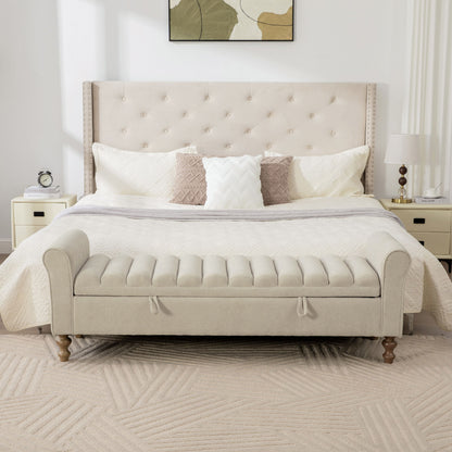 Wide Upholstered Storage Bench With Rolled Armrest For Bedroom - Griege Home Essentials