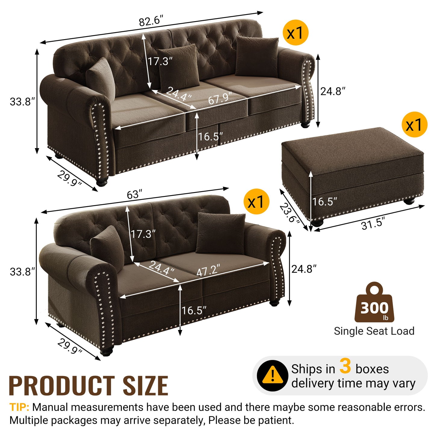 Upholstered Sofa Set With Nailhead Trim And Rolled Armrests, Includes Pillows Home Essentials