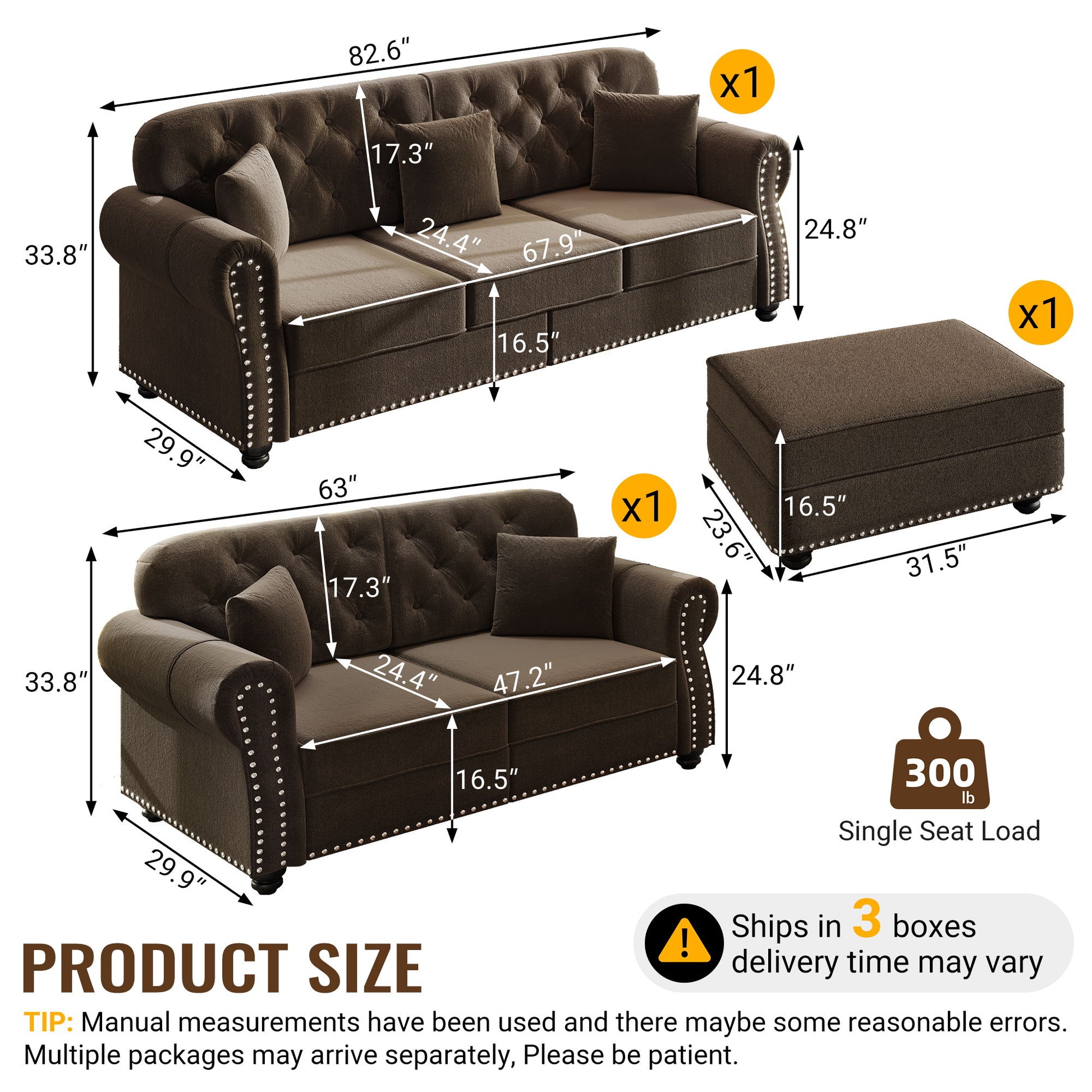 Upholstered Sofa Set With Nailhead Trim And Rolled Armrests, Includes Pillows Home Essentials