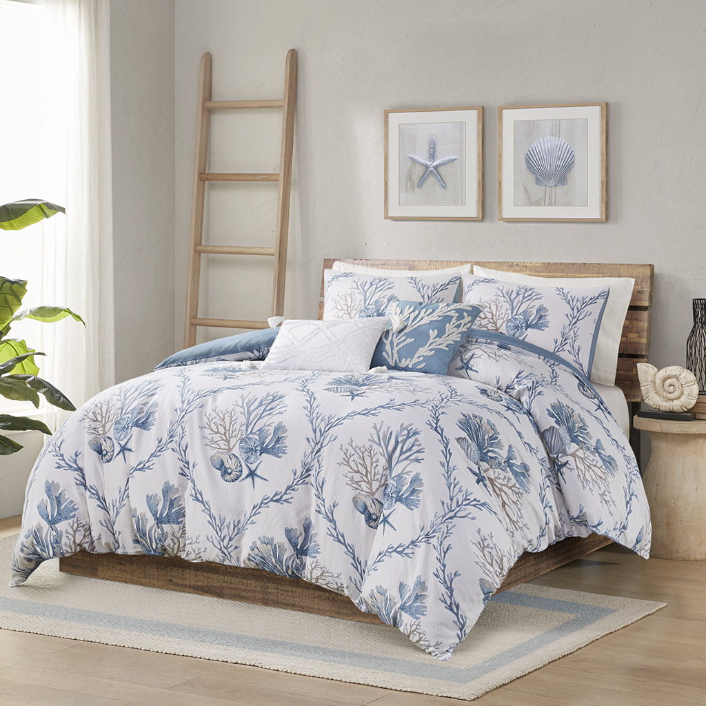 Pismo Beach - 5 Piece King Cotton Duvet Cover Set With Throw Pillows - Blue/White