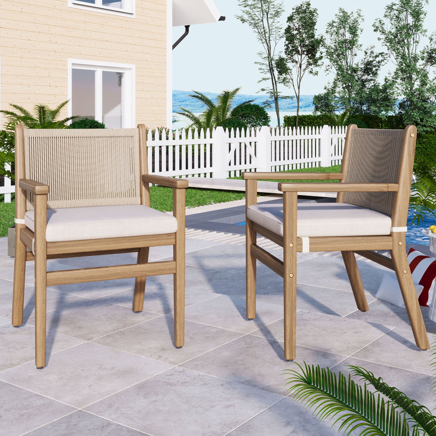 Outdoor Acacia Wood Patio Dining Armchair (Set of 2) Noble House