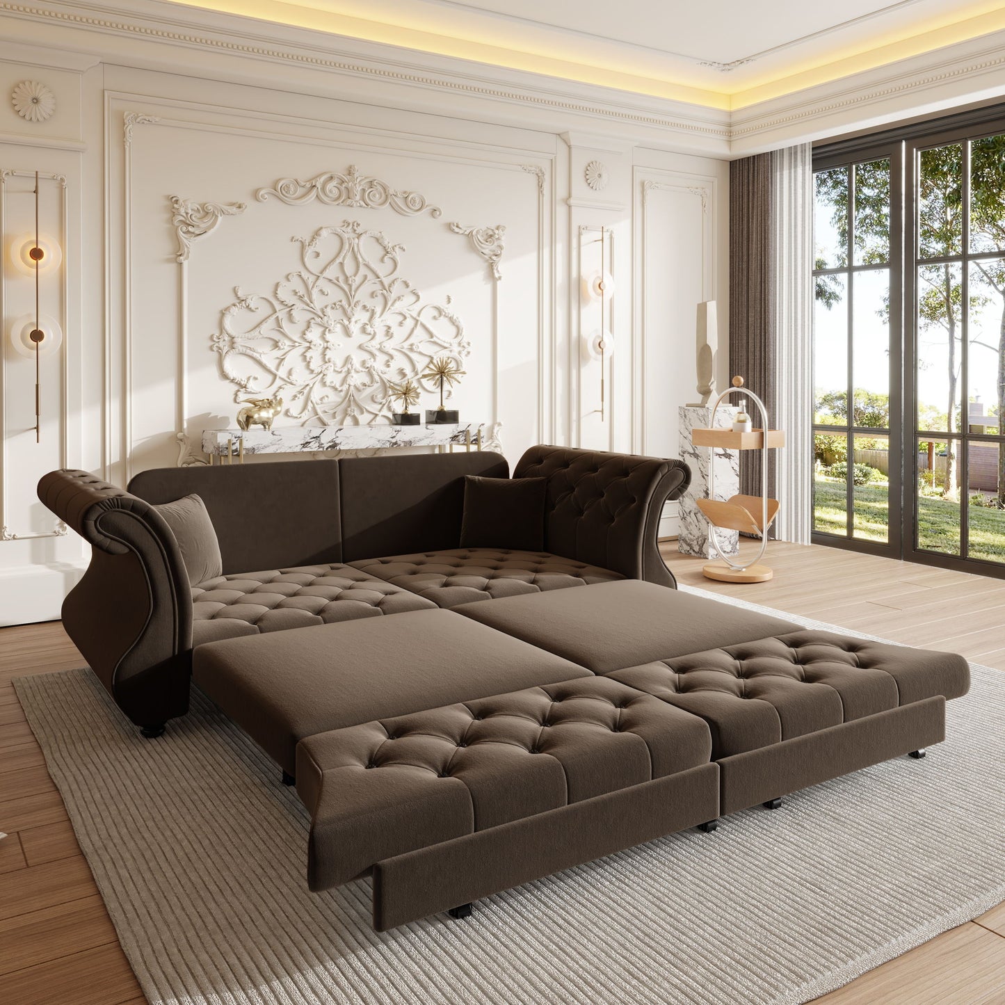 Oversized Chesterfield Pull Out Sofa Bed, Roll Arm Couch With Flower Tufting For Living Room Home Essentials