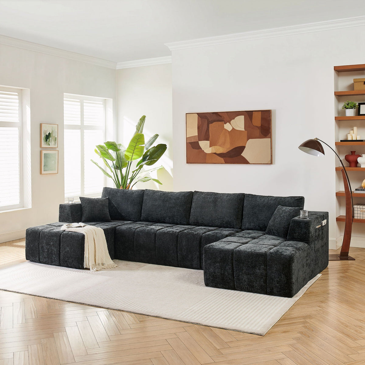 U - Shaped Sectional Sofa, Cup Holders & Side Pockets For Living Room Home Essentials