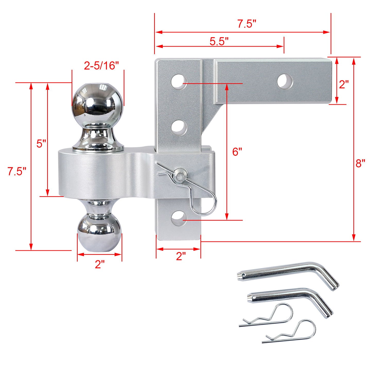 Alu - Adjustable Trailer Drop Hitch With 2" Receiver, 6" Adjustable - Silver Daily Nest