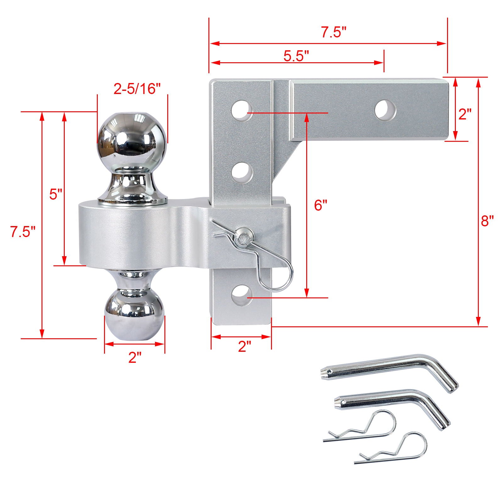 Alu - Adjustable Trailer Drop Hitch With 2" Receiver, 6" Adjustable - Silver Daily Nest