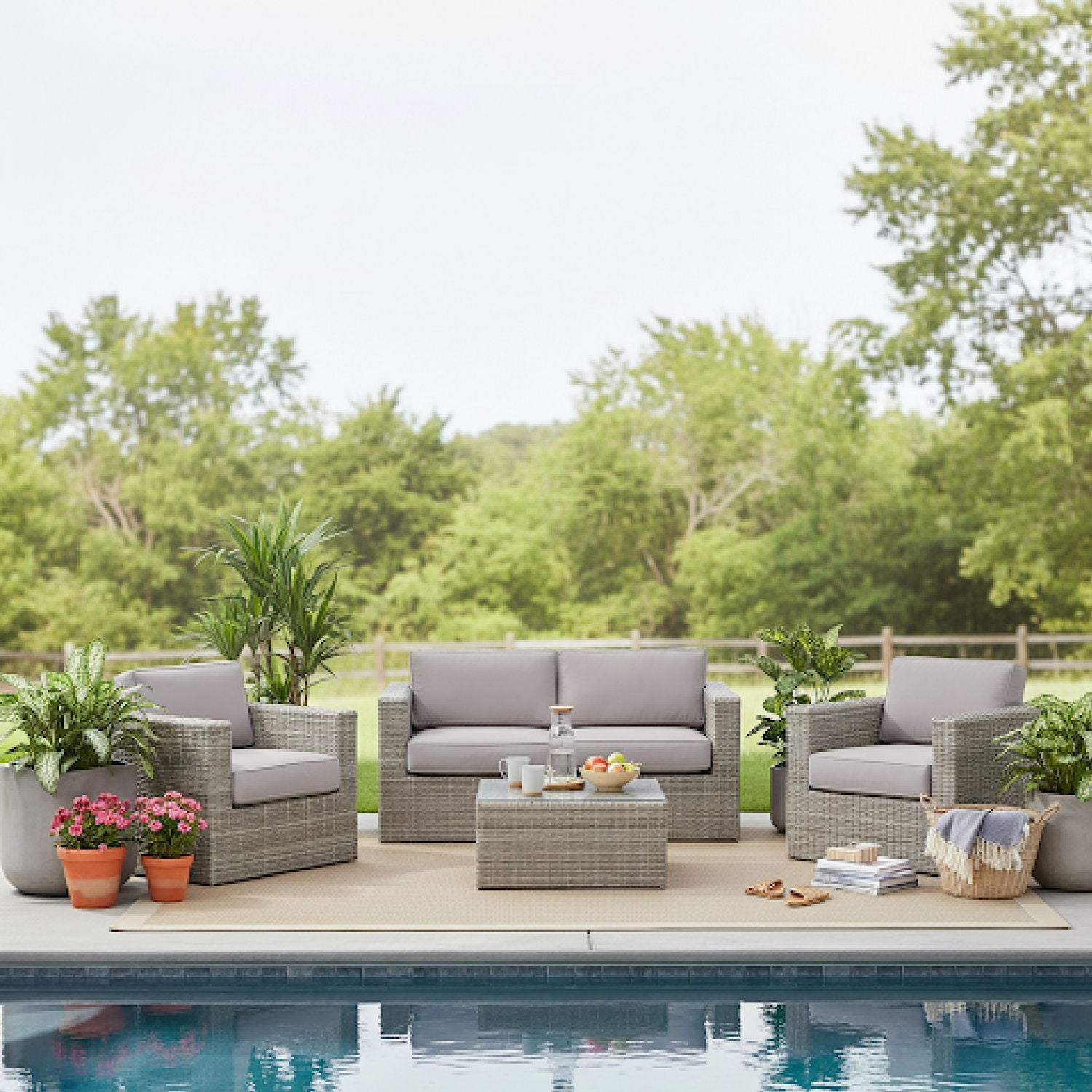 Wicker Seating Group Set With Table And Cushions LSI Patio Furniture