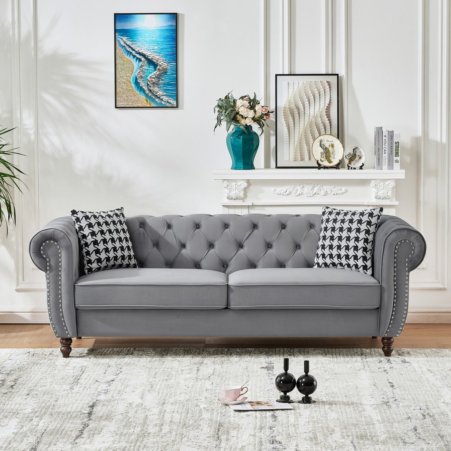Chesterfield Upholstery Fabric Sofa With Roll Armrest & Nailhead Home Essentials