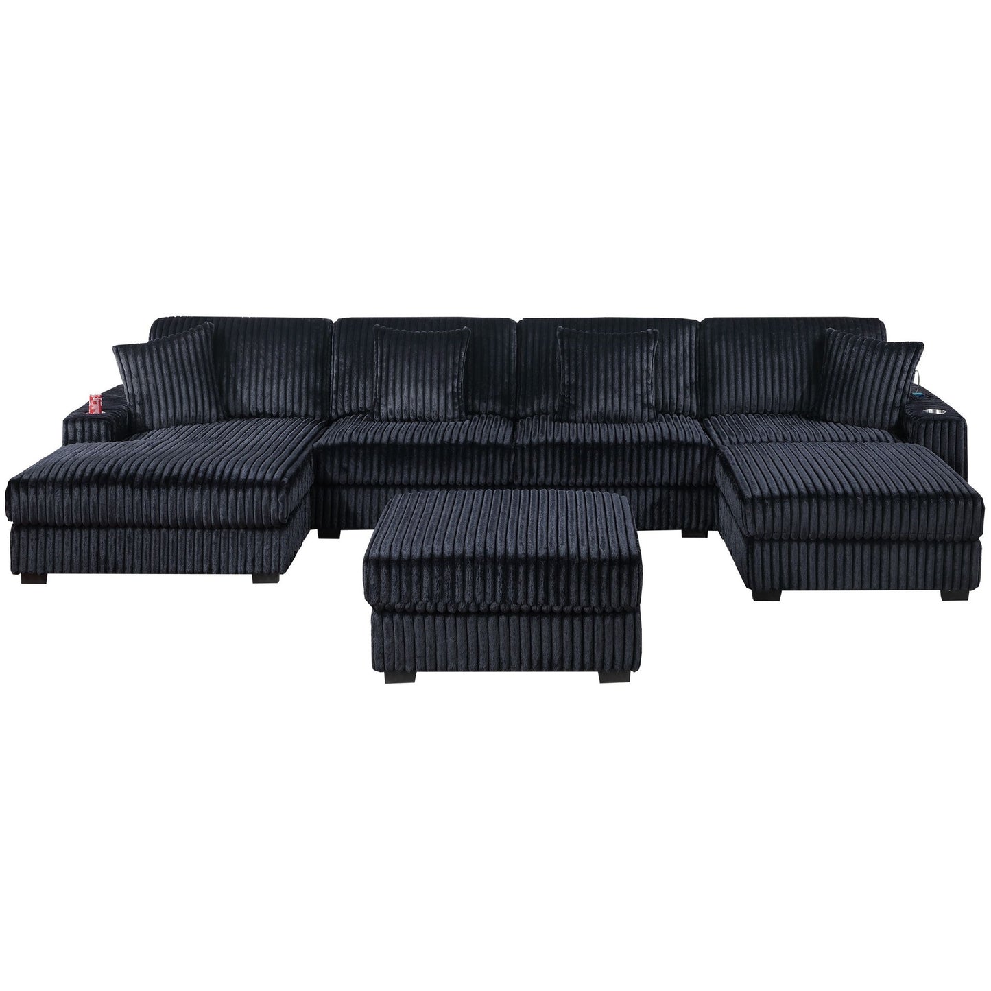 6 Piece Modular U Sectional Sofa Set With USB Cup Holder, Low Leg - Black Home Essentials