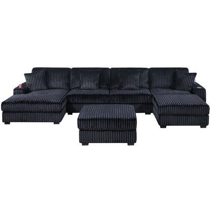 6 Piece Modular U Sectional Sofa Set With USB Cup Holder, Low Leg - Black Home Essentials