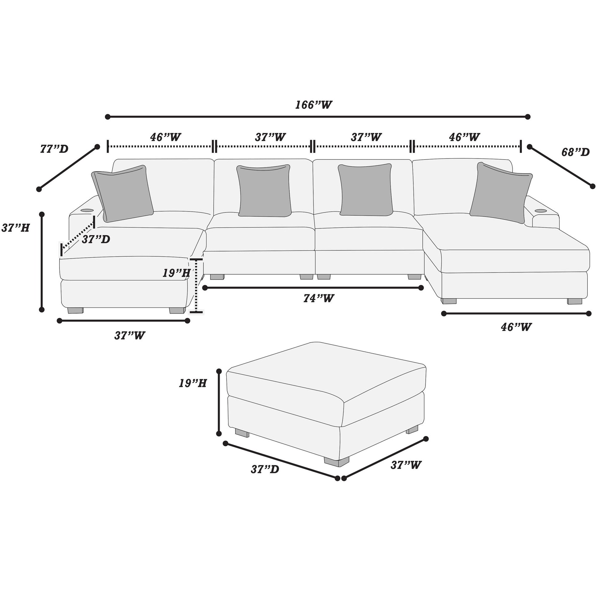 6 Piece Modular U Sectional Sofa Set With USB Cup Holder, Low Leg - Black Home Essentials