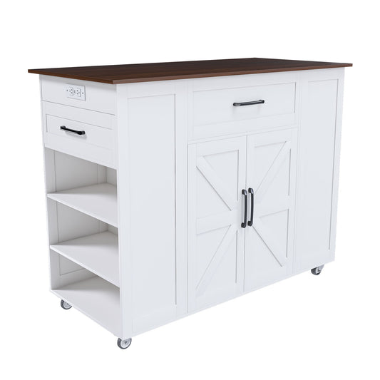 Rustic Movable Kitchen Island On Wheels With Storage & Power Outlet - White Home Essentials